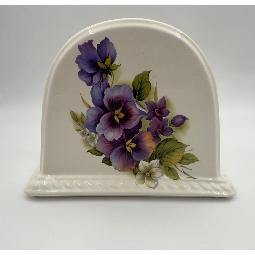 Athena Chino CA Vintage Ceramic Napkin Holder Purple Pansy Floral Cottagecore